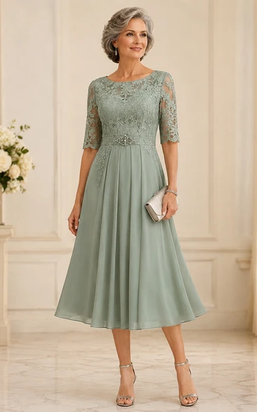Sage Tea Length Crystal Brooch Mother Dress Sage Bateau Jewel A-Line Tea-length