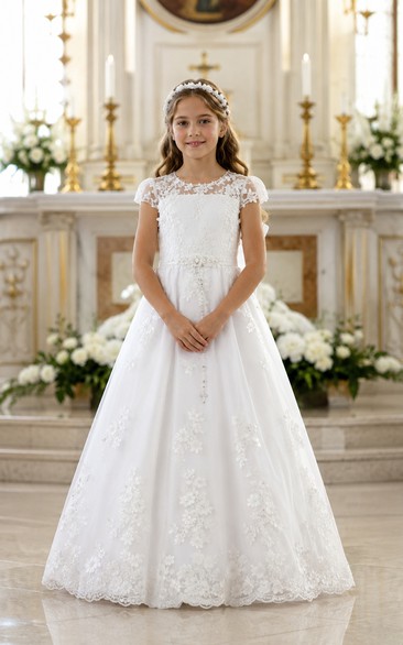Cap Sleeve Lace Illusion White Tulle First Communion Ball Gown