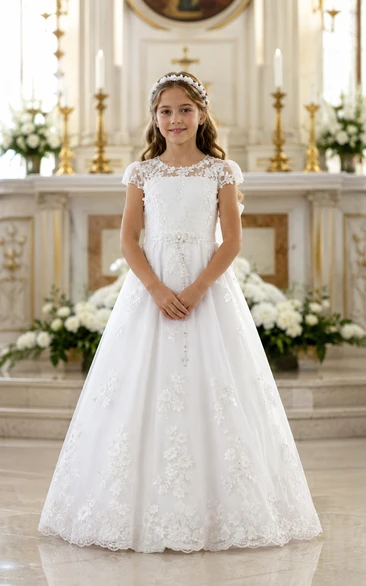 Cap Sleeve Lace Illusion White Tulle First Communion Ball Gown