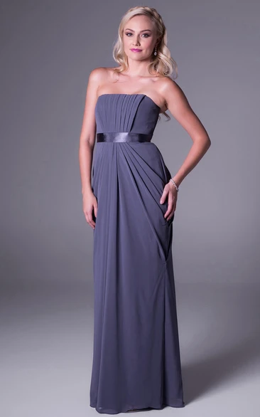 Sheath Ruched Strapless Floor-Length Sleeveless Chiffon Bridesmaid Dress
