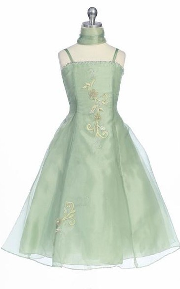 Floral Ankle-Length Embroideried Floral Organza Flower Girl Dress With Cape