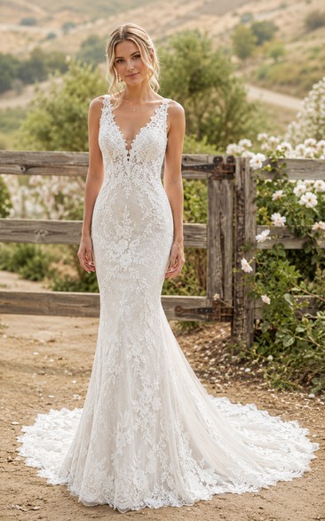 Country V-neck Lace Mermaid/Trumpet Wedding Dress with Lace