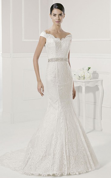 Scalloped Neck Off Shoulder Mermaid Lace Gown With Sash