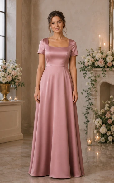 Dusty Rose Square Neck Short Sleeve Satin A-Line Dress