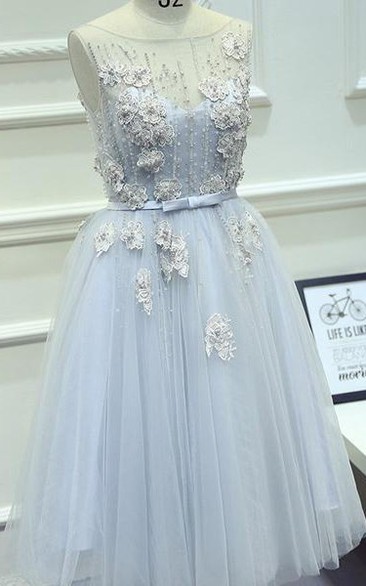 Short Cute Jewel Pleated Knee-length Tulle Dress With Appliques 