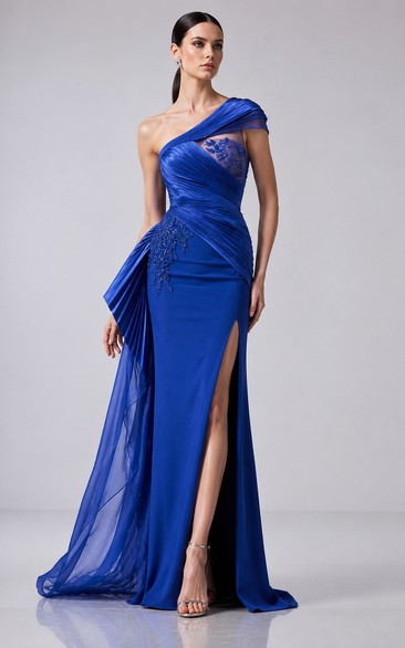 Royal Blue One-Shoulder Sheath Prom Dress with Tulle Overlay and High Slit