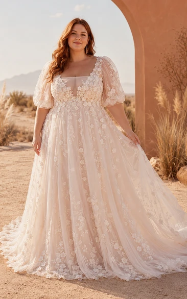 Plus Size Elfenbeinfarbenes Brautkleid mit eckigem Ausschnitt, Puffärmeln und Spitze in A-Linie