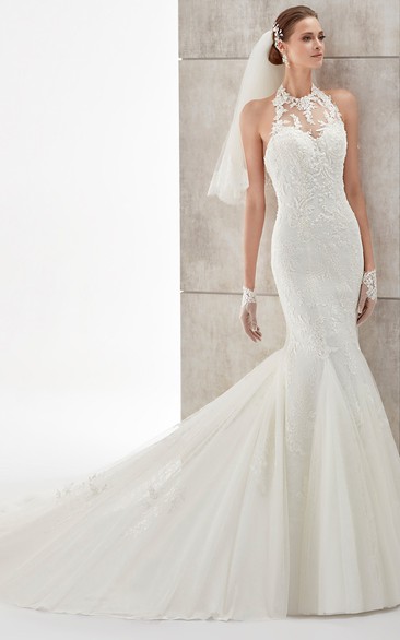 High-Neck Mermaid Wedding Dress with Illusive Neck and Backless Design