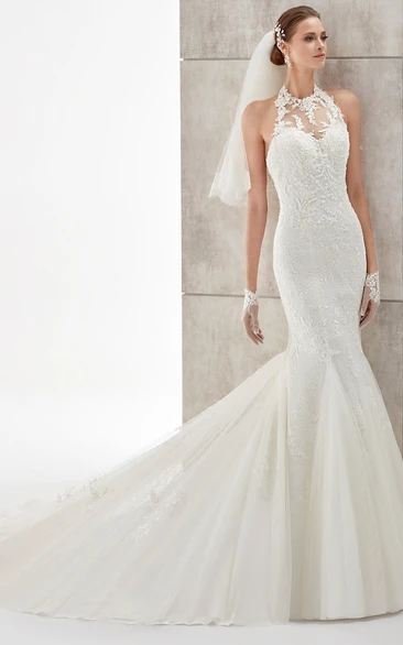 High-Neck Mermaid Wedding Dress with Illusive Neck and Backless Design