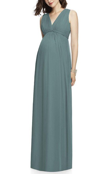 V-neck Ruched Chiffon Long Bridesmaid Dress