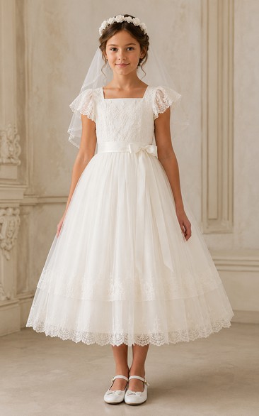 Tea-length Square Neck Tulle First Communion Dress with Veil