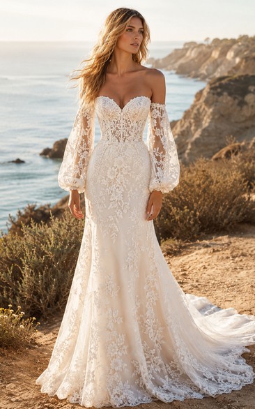 Boho Off-the-Shoulder Lace Mermaid Wedding Dress with Long Bishop Sleeves & Fitted Coastal Bridal Train