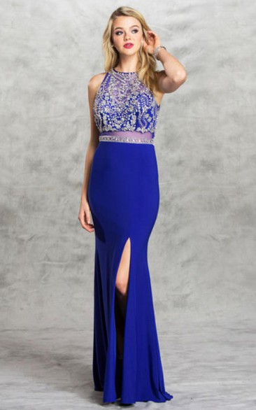 Sheath High Neck Sleeveless Jersey Illusion Dress With Beading And Split Front