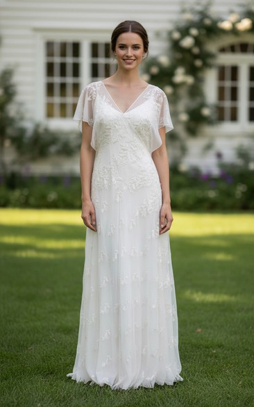 Boho V-Neck A-Line Wedding Dress - Flutter Sleeve Embroidered Lace Chiffon Bridal Gown
