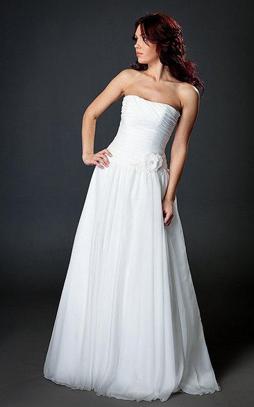 Strapless Pleated Chiffon A-Line Dress With Flower