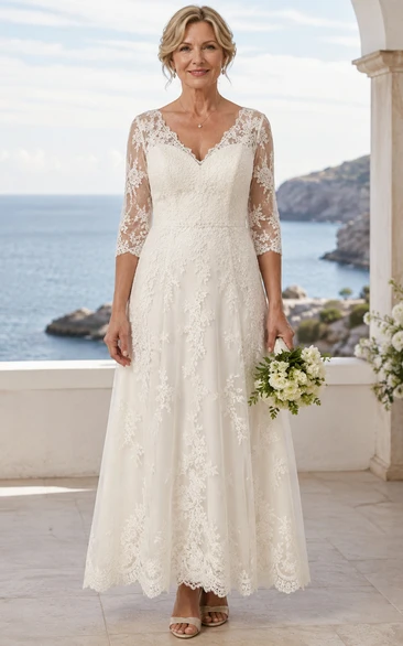 Tea Length Lace A-Line Older Brides Wedding Dress with Long Sleeve Sleeves