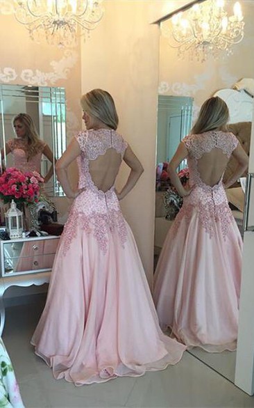 Delicate Pink Lace Appliques Prom Dress Sweep Train