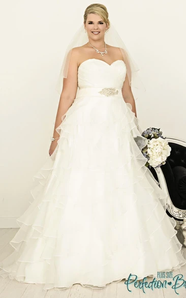 A-Line Ruffled Sweetheart Floor-Length Organza Plus Size Wedding Dress Styles With Criss Cross And Tiers