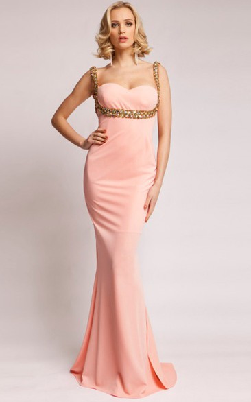 Sheath Strapped Sleeveless Beaded Long Jersey Prom Dress