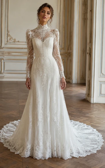 High Neck Long Sleeve Lace A-Line Vintage Wedding Dress