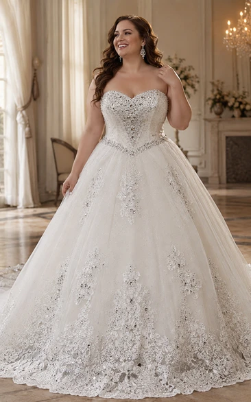 Lujoso vestido de novia de corte princesa con escote corazón, pedrería de cristal y larga cola.