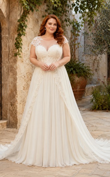 Robe de mariée grande taille à col en V, corsage en dentelle, coupe trapèze et manches courtes
