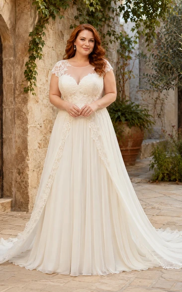 Robe de mariée grande taille à col en V, corsage en dentelle, coupe trapèze et manches courtes