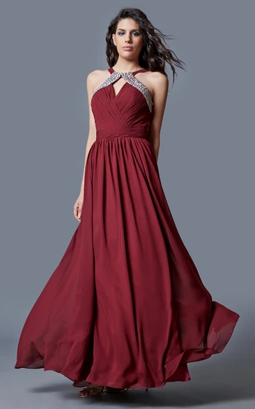 Ambition Halter Neck Ruched Long Chiffon Dress With Beaded Detailing