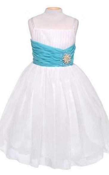 Spaghetti Tea-Length Pleated Chiffon&Sequins Flower Girl Dress With Tiers