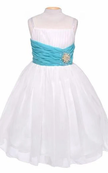 Spaghetti Tea-Length Pleated Chiffon&Sequins Flower Girl Dress With Tiers