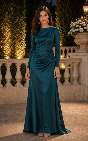 Peacock One-Shoulder Long Sleeve Satin Floor-length Dress