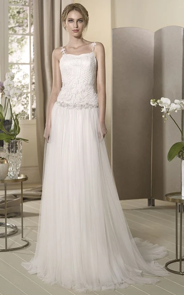 A-Line Floor-Length Appliqued Sleeveless Spaghetti Tulle Wedding Dress With Waist Jewellery And Pleats