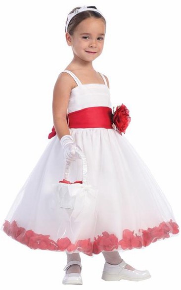 Spaghetti Tea-Length Petal-Sleeve Tiered Tulle Flower Girl Dress