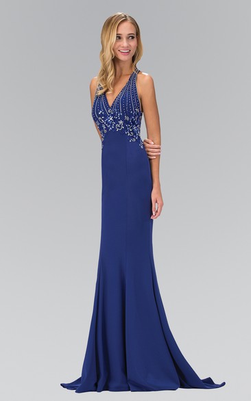 Sheath Maxi V-Neck Sleeveless Jersey Illusion Dress With Beading