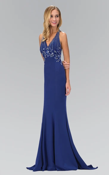 Sheath Maxi V-Neck Sleeveless Jersey Illusion Dress With Beading