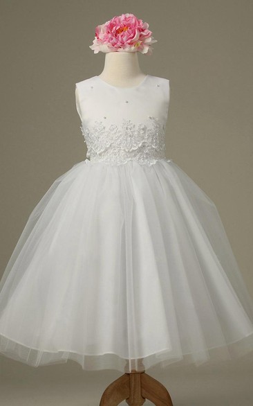 Tea-Length Floral Tiered Tulle&Lace Flower Girl Dress