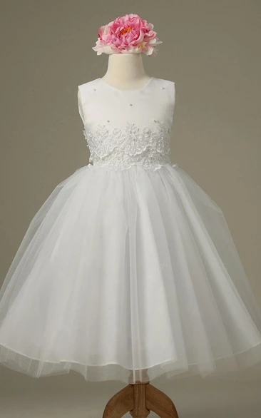 Tea-Length Floral Tiered Tulle&Lace Flower Girl Dress