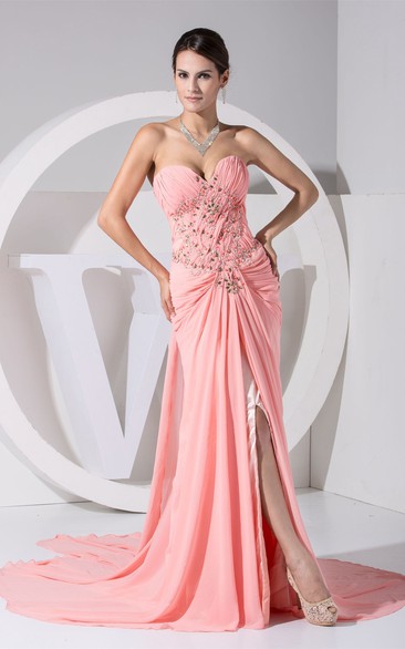 Ruched Sweetheart A-Line Front Split Dress With Beadings and Court Train