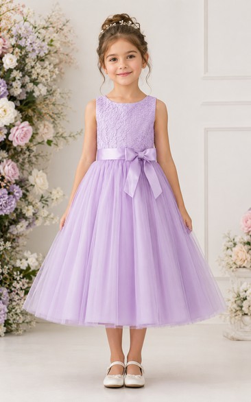 Lavender Tea-Length A-Line Lace Flower Girl Dress with Bow Sash
