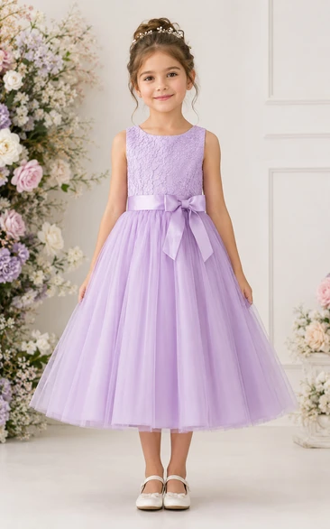 Lavender Tea-Length A-Line Lace Flower Girl Dress with Bow Sash