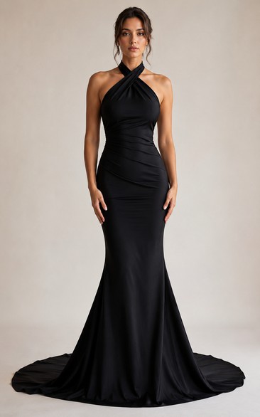 Mermaid Halter Stretch Satin Prom Dress with Ruching