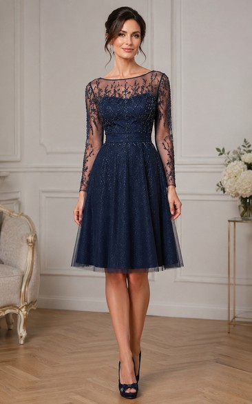 Illusion Long Sleeve Tulle Knee-Length Dress