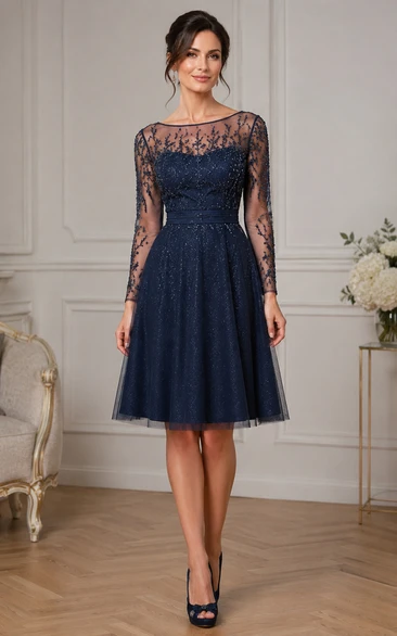 Illusion Long Sleeve Tulle Knee-Length Dress