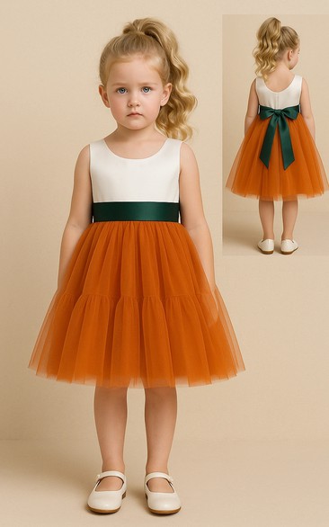 Scoop-neck Sleeveless Empire A-line Two-Tone Flowergirl Dress