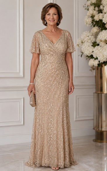 Gold Sequin Sheath Flutter Sleeve Mother Dress
