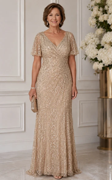 Gold Sequin Sheath Flutter Sleeve Mother Dress