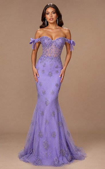 Tulle Prom Dress in Lavender, Off-the-shoulder, Sweetheart Mermaid Floor-Length Gown with Appliques and Beading