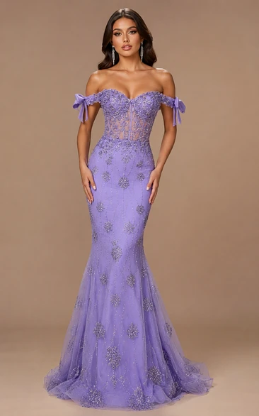 Tulle Prom Dress in Lavender, Off-the-shoulder, Sweetheart Mermaid Floor-Length Gown with Appliques and Beading