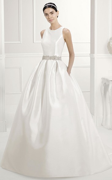 Modest Scoop Neck Taffeta Bridal Gown With Lace Sash And Criss-Cross Back