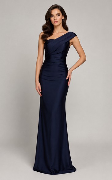 Dark Navy One-Shoulder Jersey Mermaid Formal Dress with Draped Neckline